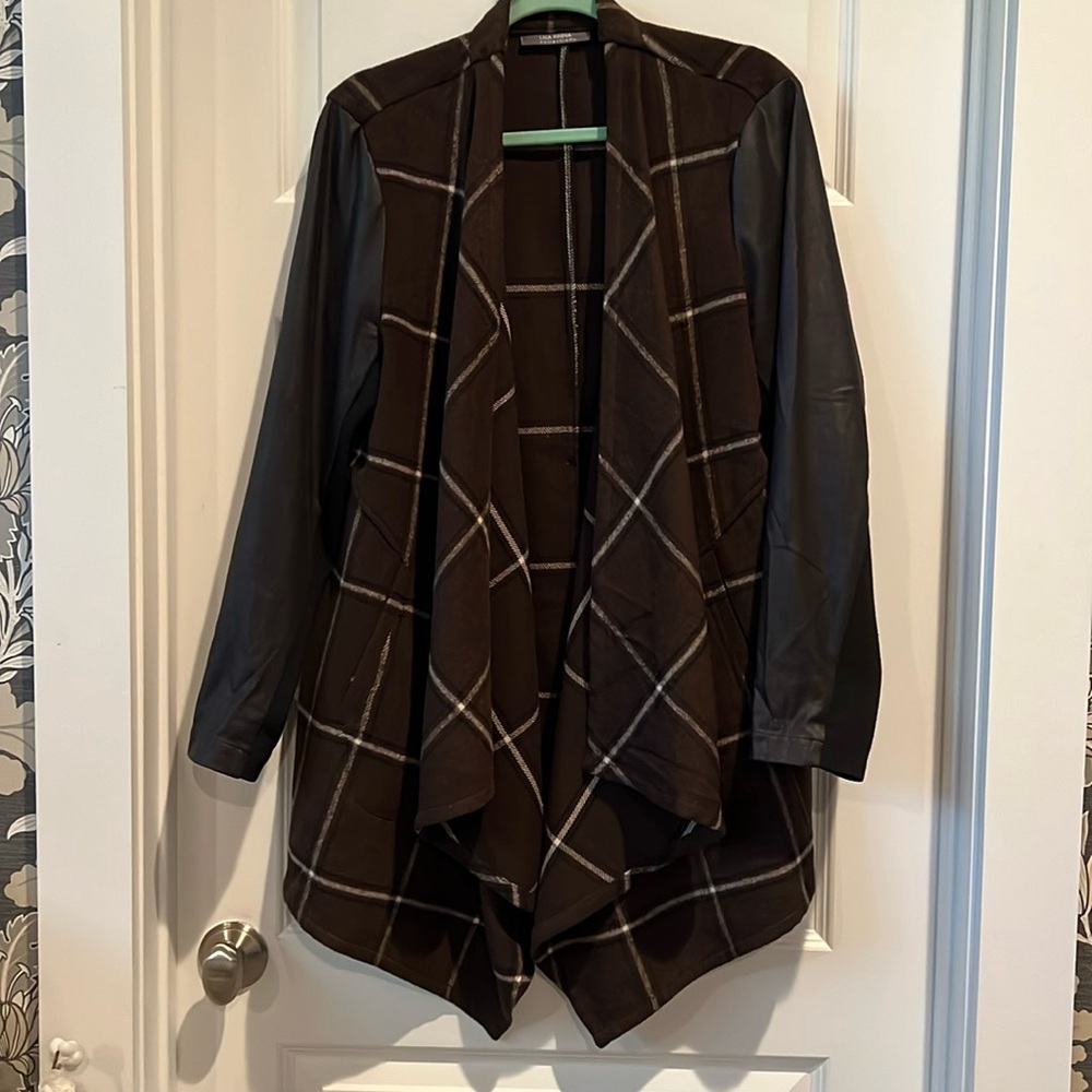 Brown/Black plaid mixed media, open front cardigan topper by Lisa Rinna, Sz L.